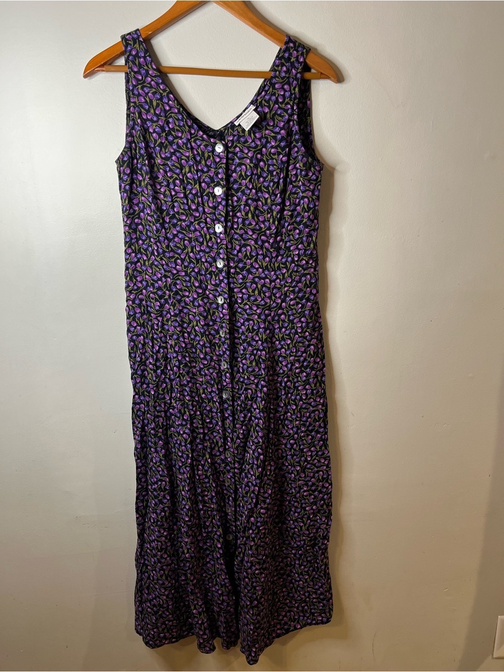 Vintage Sleeveless Maxi Dress Purple Floral Button-Front